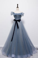 Formal Dresses For Weddings Guest, Blue Off the Shoulder Tulle Long Prom Dress with Sash, Sparkly Formal Gown