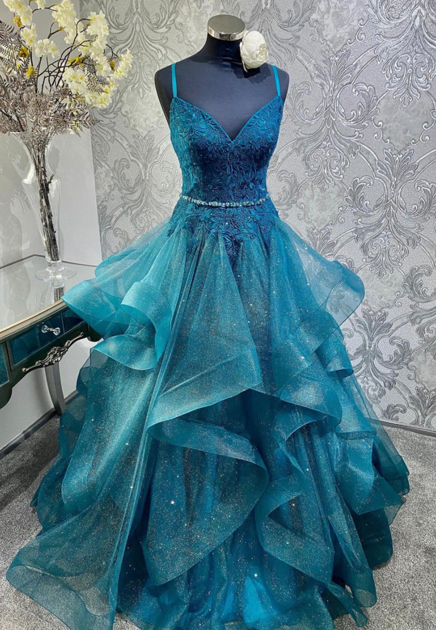 Formal Dresses Long Sleeved, Blue Tulle Lace Long Prom Dresses, A-Line Spaghetti Straps Evening Dresses