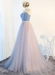 Formal Dressed Long Gowns, Blue Tulle Long Prom Dresses, A-Line Strapless Evening Dresses