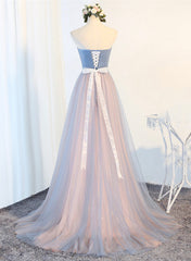 Formal Dress Long Gown, Blue Tulle Long Prom Dresses, A-Line Strapless Evening Dresses