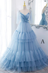 Formal Dress Wear For Ladies, A Line V Neck New Style Tiered Long Tulle Prom Dress, Evening Gown with Flower