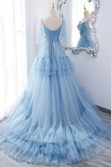 Formal Dress With Sleeves, A Line V Neck New Style Tiered Long Tulle Prom Dress, Evening Gown with Flower