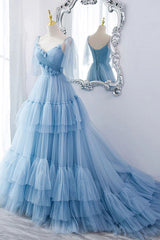 Formal Dresses With Sleeve, A Line V Neck New Style Tiered Long Tulle Prom Dress, Evening Gown with Flower