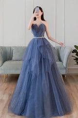 Formal Dresses For Ladies Over 61, Blue Sweetheart Sleeveless Floor Length Sparkly Evening Prom Dress with Belt