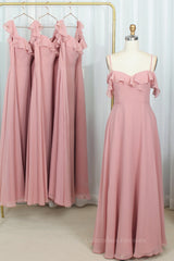 Mafia Dress, Blush Pink Chiffon Ruffles Long Briedsmaid Dress