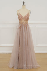 Pink Bridesmaid Dress, Blush Pink Deep V Neck Beading-Embroidered Long Prom Dress with Slit
