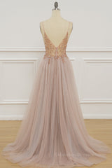 Fall Wedding Color, Blush Pink Deep V Neck Beading-Embroidered Long Prom Dress with Slit