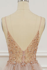 Dream Wedding, Blush Pink Deep V Neck Beading-Embroidered Long Prom Dress with Slit