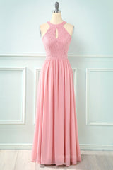 Bridesmaid Dress Ideas, Blush Pink Halter Chiffon Long Bridesmaid Dress with Keyhole