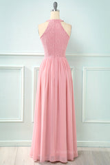 Bridesmaid Dresses Long, Blush Pink Halter Chiffon Long Bridesmaid Dress with Keyhole
