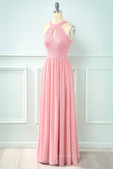 Bridesmaid Dress Elegant, Blush Pink Halter Chiffon Long Bridesmaid Dress with Keyhole