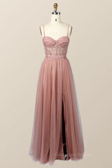 Prom Dress Unique, Blush Pink Lace and Tulle Straps Long Formal Dress