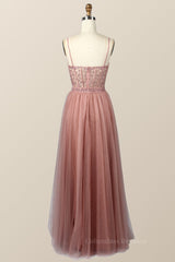 Prom Dresses Unique, Blush Pink Lace and Tulle Straps Long Formal Dress