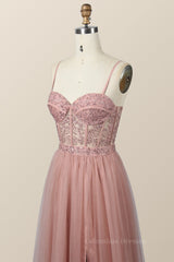 Prom Dress Cheap, Blush Pink Lace and Tulle Straps Long Formal Dress