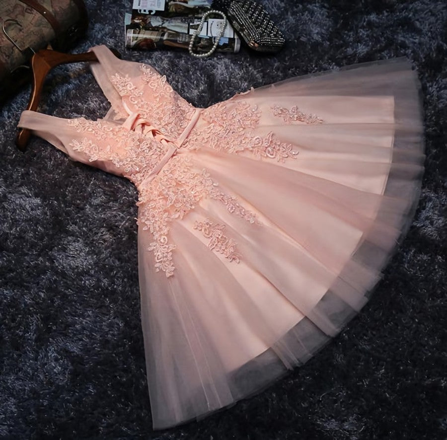 Homecoming Dresses With Sleeves, Blush Pink Lace Appliqued Tulle Homecoming Dresses,Formal Dress