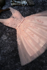 Homecoming Dresses Pink, Blush Pink Lace Appliqued Tulle Homecoming Dresses,Formal Dress