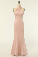 Prom Dresses For Curvy Figure, Blush Pink Mermaid Cross Front High Neck Long Bridesmaid Dress
