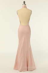 Prom Dresses For Curvy Figures, Blush Pink Mermaid Cross Front High Neck Long Bridesmaid Dress