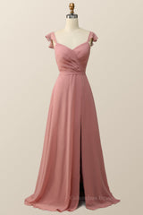 Party Dresses Short, Blush Pink Ruffled Flare Sleeve Chiffon Long Bridesmaid Dress