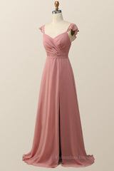 Party Dress Outfit, Blush Pink Ruffled Flare Sleeve Chiffon Long Bridesmaid Dress