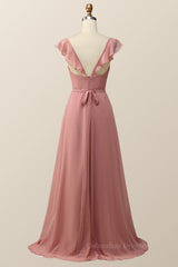Party Dress Styles, Blush Pink Ruffled Flare Sleeve Chiffon Long Bridesmaid Dress