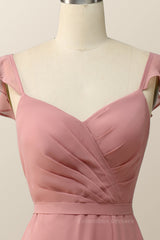 Party Dress Inspiration, Blush Pink Ruffled Flare Sleeve Chiffon Long Bridesmaid Dress