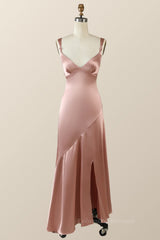 Party Dress Dames, Blush Pink Silk Sheath Long Bridesmaid Dress with Slit