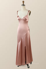 Party Dress Big Size, Blush Pink Silk Sheath Long Bridesmaid Dress with Slit