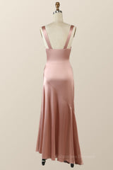 Party Dresses Glitter, Blush Pink Silk Sheath Long Bridesmaid Dress with Slit