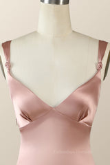 Party Dress Glitter, Blush Pink Silk Sheath Long Bridesmaid Dress with Slit