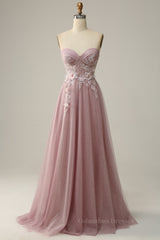 Simple Wedding Dress, Blush Pink Strapless Sweetheart Appliques A-line Long Prom Dress