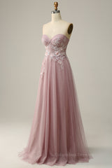 Bridesmaid Dresses Dusty Rose, Blush Pink Strapless Sweetheart Appliques A-line Long Prom Dress