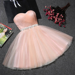 Homecoming Dress Boutiques, Blush Pink Tulle Strapless Sweetheart Neck Short Prom Dresses,Mini Homecoming Dress