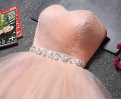 Homecoming Dress With Tulle, Blush Pink Tulle Strapless Sweetheart Neck Short Prom Dresses,Mini Homecoming Dress