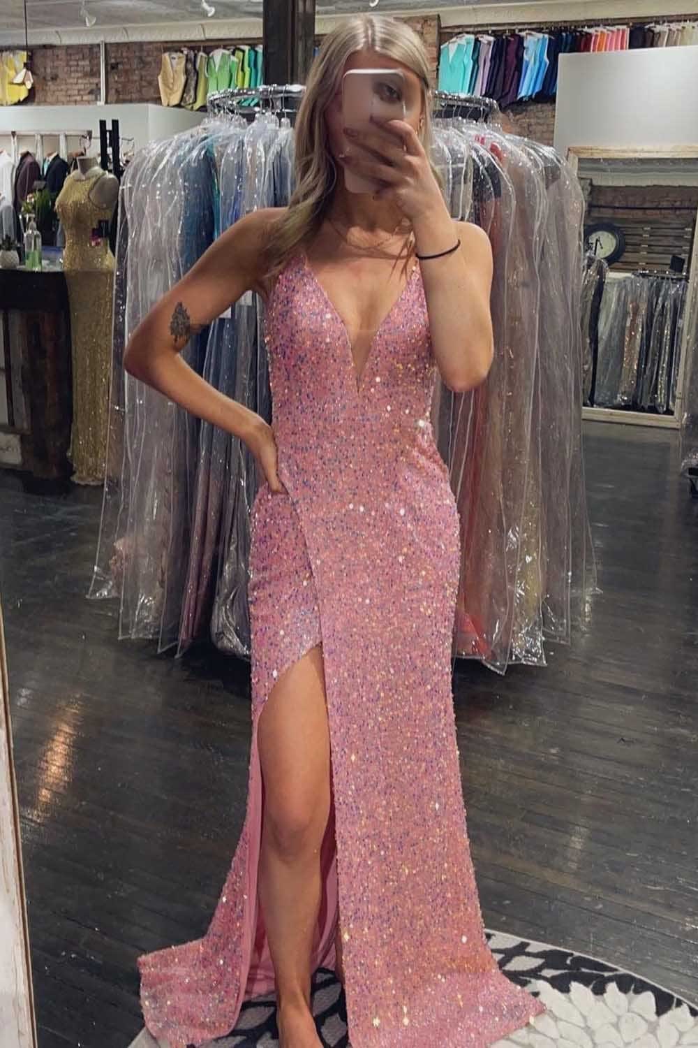 Blush Sequins V-Neck Prom Dress with Slit