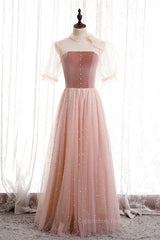 Evening Dresses Black, Blushing Pink Illusion Neck Puff Sleeves Pearl Beaded Maxi Formal Dress