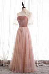 Evening Dress Prom, Blushing Pink Illusion Neck Puff Sleeves Pearl Beaded Maxi Formal Dress