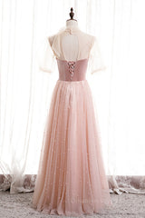 Evening Dresses Prom, Blushing Pink Illusion Neck Puff Sleeves Pearl Beaded Maxi Formal Dress