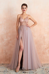 Prom Dresses Fitting, Spaghetti Straps V-neck Sheer Top Tulle Long Prom Dresses with Side Slit