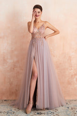 Prom Dress Long Formal Evening Gown, Spaghetti Straps V-neck Sheer Top Tulle Long Prom Dresses with Side Slit