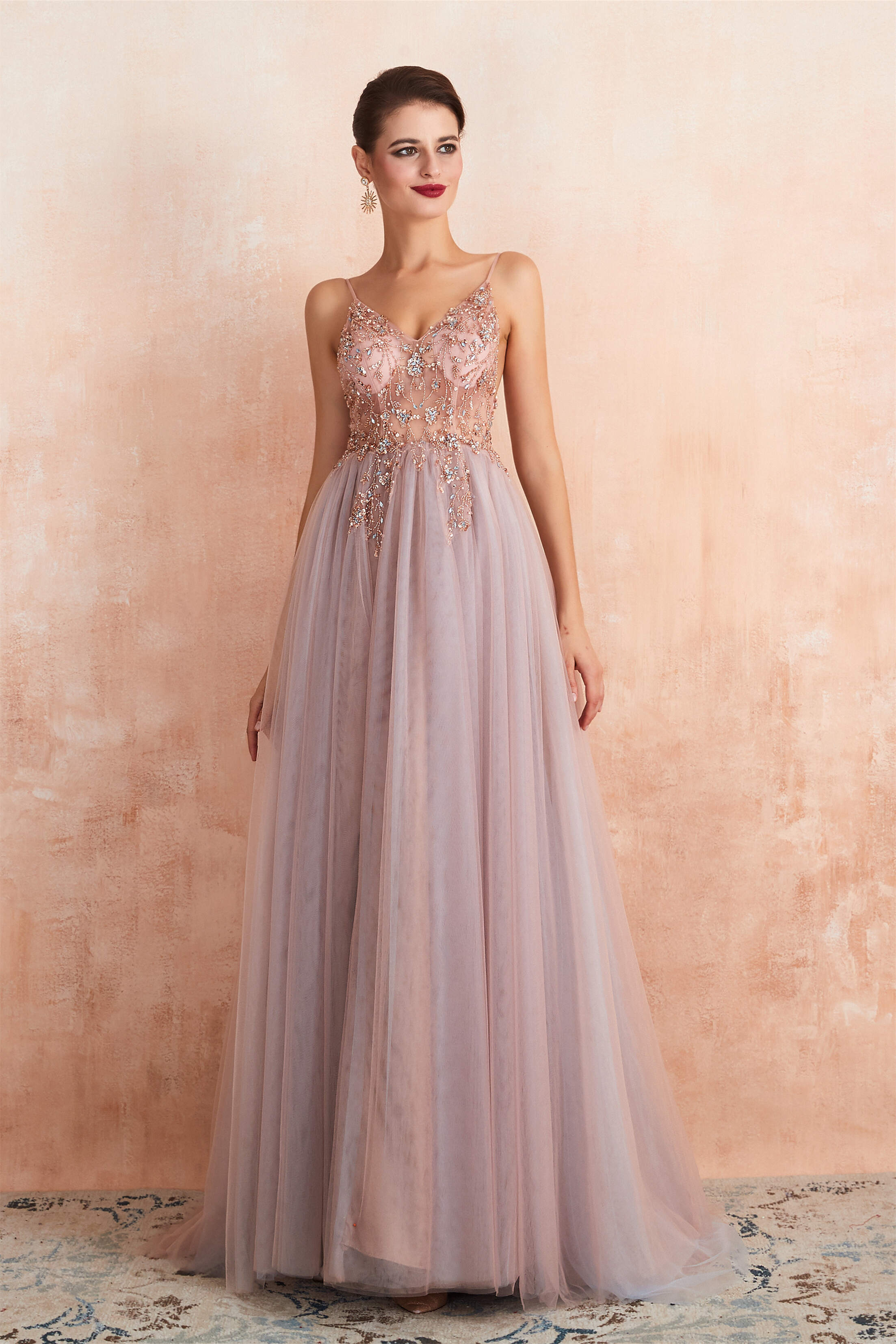Prom Dresses Long Formal Evening Gown, Spaghetti Straps V-neck Sheer Top Tulle Long Prom Dresses with Side Slit