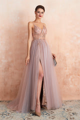 Prom Dresses Prom Dressprom Dress Prom Dresses, Spaghetti Straps V-neck Sheer Top Tulle Long Prom Dresses with Side Slit