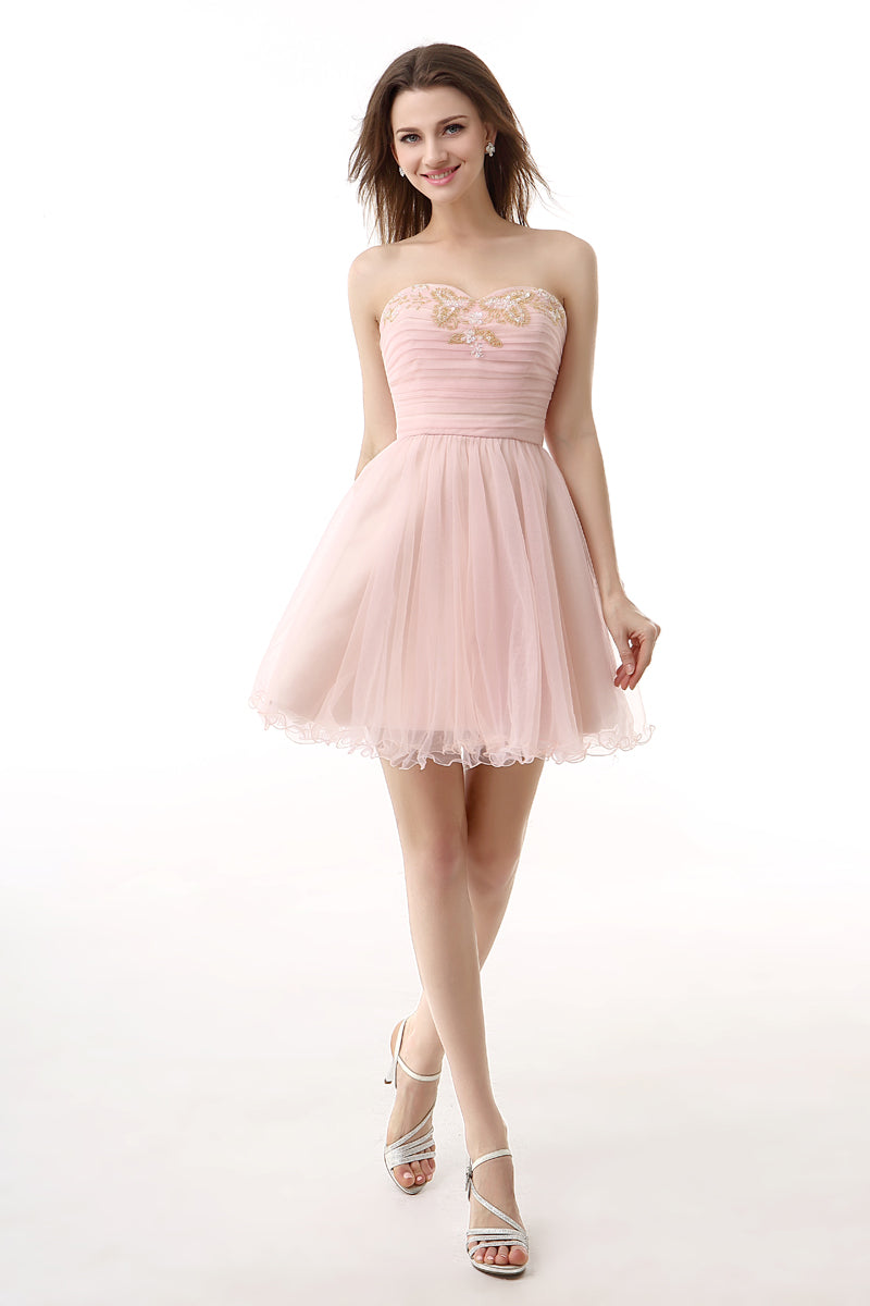 Party Dress For Girl, Blushing Pink Sweetheart Beaded A-line Short Homecoming Dresses