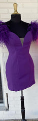 Black Prom Dress, Bodycon Deep V Neck Purple Short Homecoming Dress with Feather