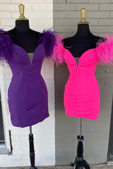 Pink Dress, Bodycon Deep V Neck Purple Short Homecoming Dress with Feather