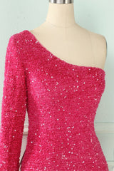Prom Dresses, Bodycon One Shoulder Long Sleeves Sparkly Mini Homecoming Dress