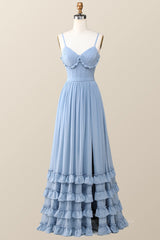 Dream Dress, Boho Style Dusty Blue Ruffles Long Bridesmaid Dress