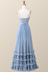 Elegant Dress For Women, Boho Style Dusty Blue Ruffles Long Bridesmaid Dress