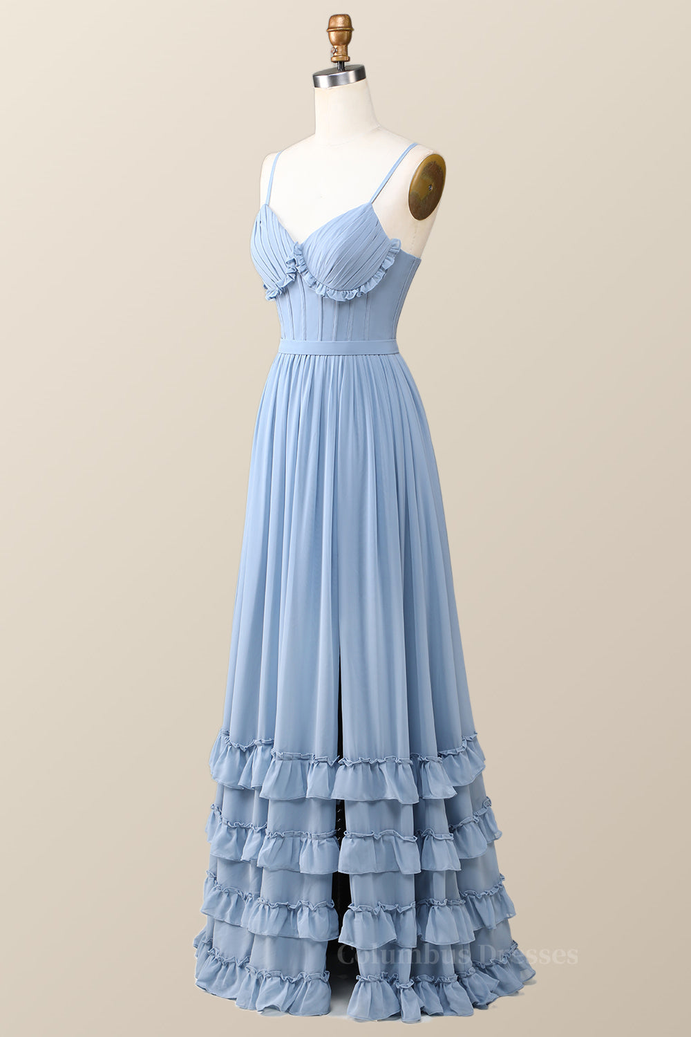 Long Dress Outfit, Boho Style Dusty Blue Ruffles Long Bridesmaid Dress