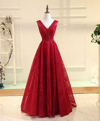Semi Formal Outfit, Burgundy V Neck Lace Long Prom Gown Burgundy Evening Dress